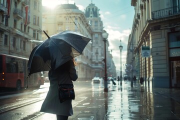 Woman Walking Under Umbrella in Rain - A woman with a black umbrella walks through the city streets, light reflecting on the wet pavement.