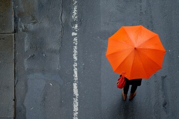 Lonely Orange Umbrella on Rainy Road - A single orange umbrella stands out against the monochrome backdrop of a wet street on a rainy day.