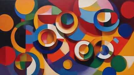 Abstract painting art composition incorporating circles, triangles, squares, rectangles, and twisted lines.Ai generative