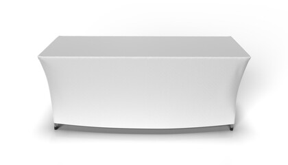 White Stretch Tablecloth fitted to a Trestle Table and isolated. 3D Render Illustration for mockups. Transparent Background.