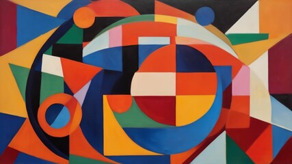 Abstract painting art composition incorporating circles, triangles, squares, rectangles, and twisted lines.Ai generative