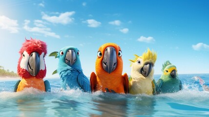 Five cute colorful parrots bathing in the water