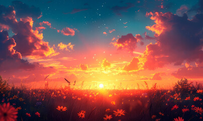 Landscape nature background of beautiful pink and red cosmos flower field on sunset with a beautiful sky.