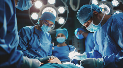 Surgeons working in operating room Plastic surgeons operating patient for breast implant. Team of doctors are in scrubs at operating room