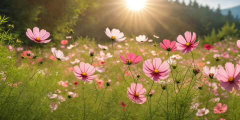 Fototapeta premium Field of blooming Cosmos flowers on a background sunset. Generative Ai