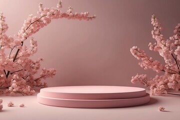 3D background, pink podium display. Sakura pink flower falling. Cosmetic or beauty product promotion step floral, pastel pedestal. Abstract minimal advertise. 3D render copy space spring mockup.