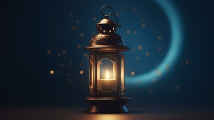 Lantern with a burning candle on a blue background. 3d rendering