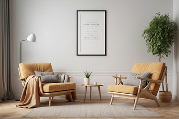 Two armchairs in room with white wall and big frame poster on it. Scandinavian style interior design of modern living room. Created with generative