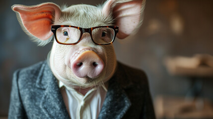 Young business pig, dressed in formal clothes. Suit and eye glasses.