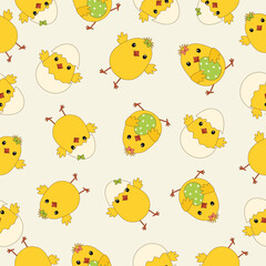 Easter seamless pattern. Cute yellow Easter chickens Vector illustration