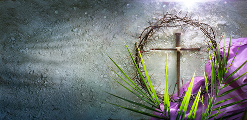 Lent - Crown Of Thorns and Cross With Purple Robe On Ash - Palm Leaves And Bloody Spikes For Penitence Concept With Abstract Sunlight - obrazy, fototapety, plakaty