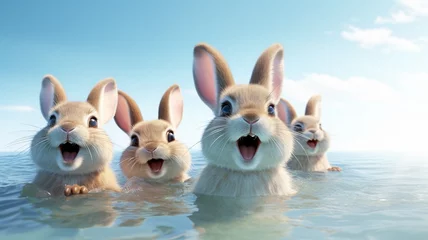 Fotobehang Four cute baby rabbits in water with open mouth looking funny © absolutimages