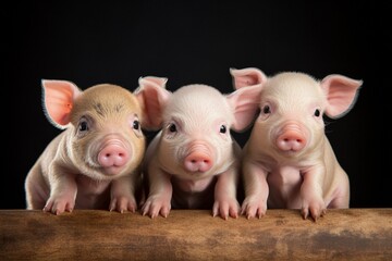 Cute piglets in a row looking at camera