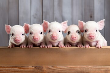 Cute piglets in a row looking at camera