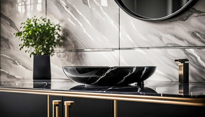 Modern bathroom with metal faucet and black sink. Modern interior of a bathroom or kitchen