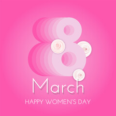 8 march Women's Day Banner. Flyer, banner, cover, social media number 8 with flowers, pink background. Vector illustration