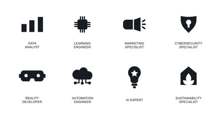 Collection of icons for modern smart professions of the future with text
