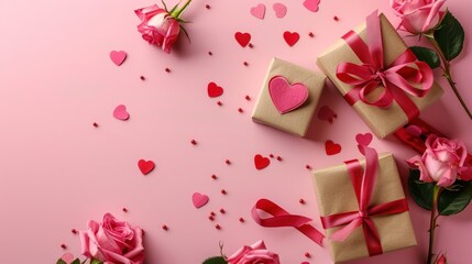 Heart-shaped ribbon alongside gift boxes and rose flowers on a pink background. Perfect for celebrating Valentine's Day,