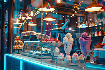 Showcase with fresh delicious colorful ice cream and sweets in cafe. Food establishments, cafes and restaurants