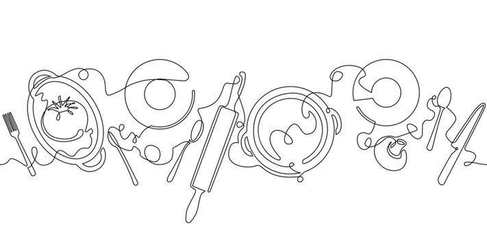 Illustration on culinary theme. Vector Pattern that repeat horizontally. Can be yused as element for restaurant, kitchen, cooking business advert in social media, website, banner, wall art, backgroud.