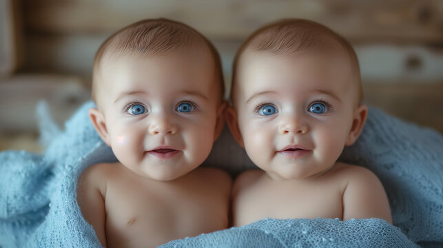 Two identical twin baby boys with blue eyes.