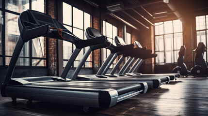 Modern gym interior with equipment. Treadmill in the gym