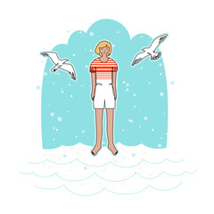 Girl on a beach, doodle illustration - 739514104