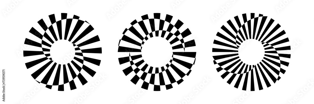 Wall mural set of rotating circular black and white design elements.