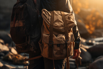 Fototapeta na wymiar Golden Hour Adventure: A Traveler with a Backpack