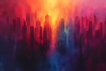 An abstract cityscape with geometric skyscrapers in a surreal atmosphere.