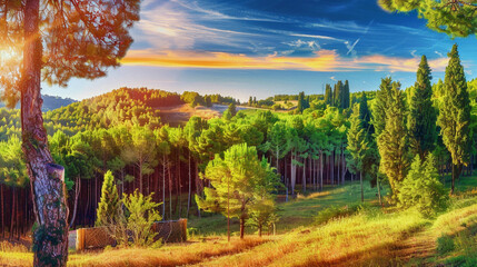 landscape with trees and mountains. Simple vibrant landscape of nature in the summer morning....