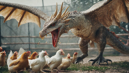 A realistic bad dragon hunting chicken like a wolf