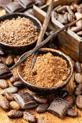 Composition with cocoa powder, beans and chocolate
