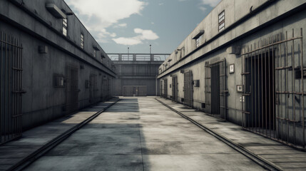 Prison yard, open space with limited access for prisoners