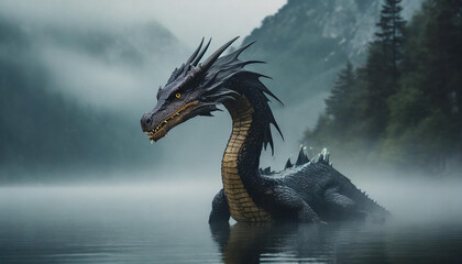 A realistic bad dark dragon in a foggy river
