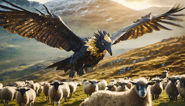 A realistic bad black and golden dragon hunting sheps like a wolf