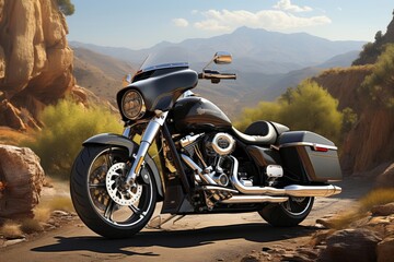 Photo of a custom motorcycle against a nature background. Free lifestyle. AI generated.