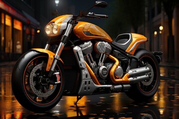 Photo of a yellow motorcycle against the backdrop of a night city. Free lifestyle. AI generated.