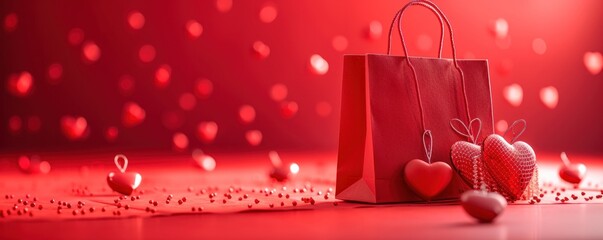 Red shopping bag against red background with paper hearts. copy space for text.