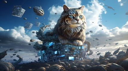 Cat projected into the sky surrounded by technologically advanced animals 3D fantasy