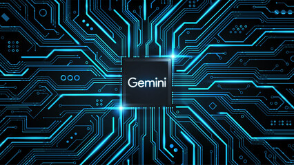 Gemini Ai, Artificial intelligence chatbot logo on circuit board, Gemini AI Chatbot concept, vector illustration - obrazy, fototapety, plakaty