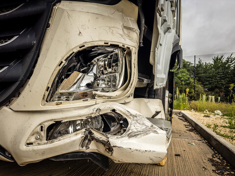 The lorry crashed windshield. Broken truck. Lorry after the accident