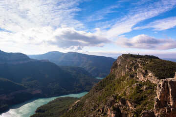 Panoramic view of the mountains and the Jucar river from the Chirel castle on a sunny day. Valencia Spain