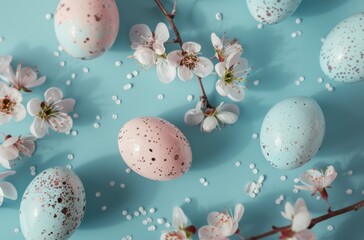 some colorful easter eggs and blossoms on a blue background
