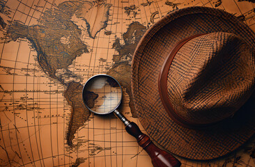 Fototapeta na wymiar Brown Vintage Hat On Retro Map With Magnifier Lens, Magnifier Glass, Investigation Around World, Rebus Concept, Private Detective Agency, Sleuth Headwear