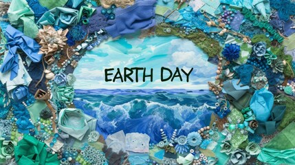 Earth Day Concept with Ocean Waves and Recycled Material Art.