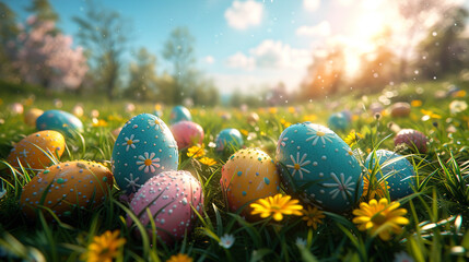 The magic of Easter with colorful eggs nestled in the grass on a sunny spring day 