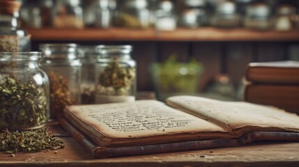 Antiquarian Books and Herbal Jars on a Wooden Apothecary Table. - obrazy, fototapety, plakaty