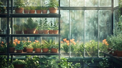 Lush Indoor Herb Garden in Vintage-Inspired Greenhouse.