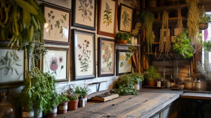Fototapeta na wymiar Rustic Apothecary with Botanical Illustrations and Hanging Dried Herbs.